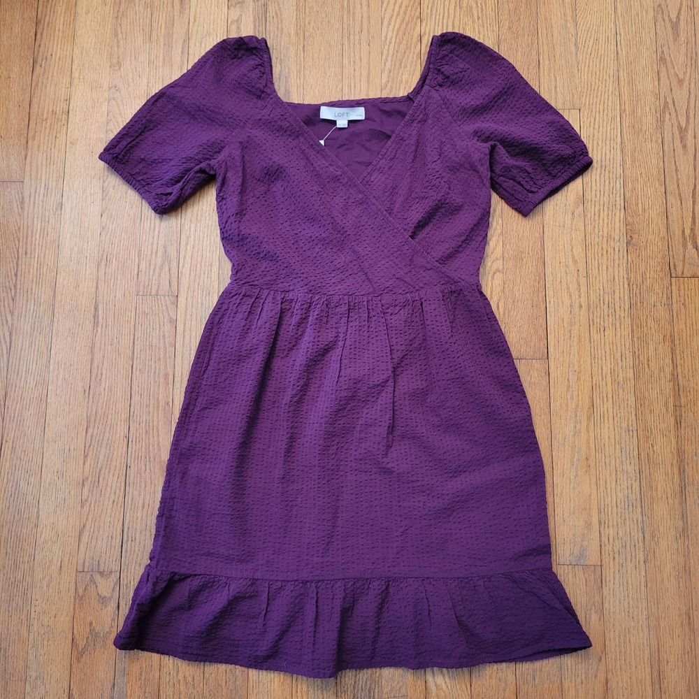 LOFT 4P Mini Dress Purple Cotton Faux Wrap Ruffle Hem V Neck Boho Peasant Dainty
